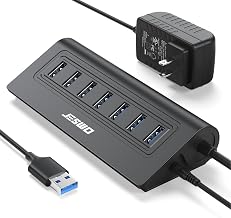 Powered USB Hub, JESWO 7-Port USB 3.0 Hub, Aluminum USB Data Hub with 3.3ft Cable, USB Hub 3.0 Powered with 20W Power Adapter for MacBook, Mac Pro/mini, iMac, XPS, PC, USB-Flash Drives, etc. (Black) - Image 1