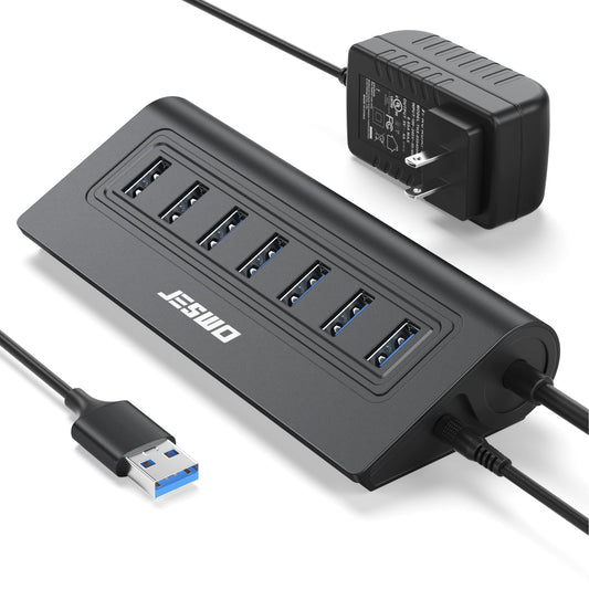 Powered USB Hub, JESWO 7-Port USB 3.0 Hub, Aluminum USB Data Hub with 3.3ft Cable, USB Hub 3.0 Powered with 20W Power Adapter for MacBook, Mac Pro/mini, iMac, XPS, PC, USB-Flash Drives, etc. (Black)