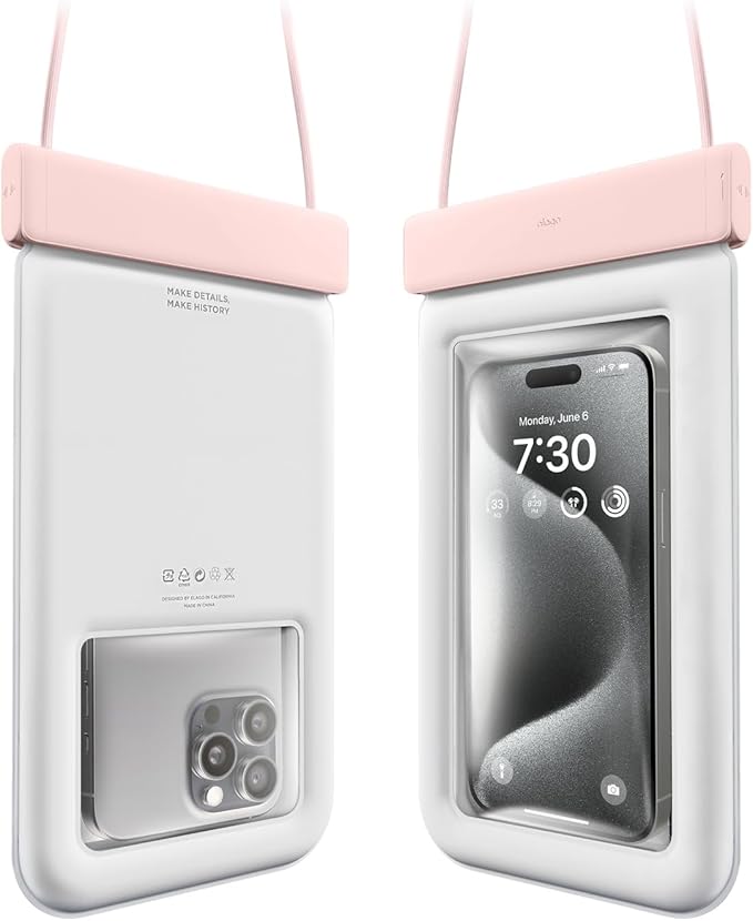 elago Waterproof Phone Pouch for iPhone 16/15/14/13/12/11 Series, Galaxy S25/S24/S23/S22/S21 Series - Underwater Screen Touchable Dry Bag, Dual Zipper Lock, Including Card Pocket [Lovely Pink]