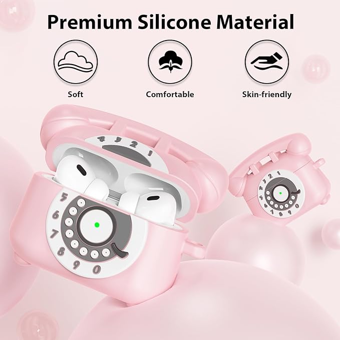 KOREDA for AirPods Pro 2nd/1st Generation Case Cover with Cleaner Kit & Lanyard, Cute Funny Telephone Design Silicone Protective Case for AirPods Pro 2 - Pink