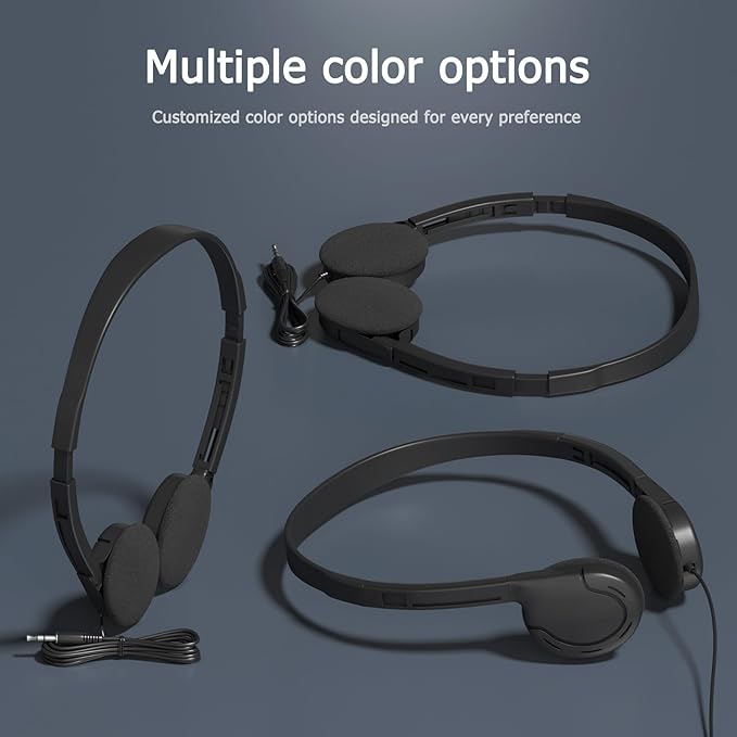 3-Pack Classroom Headphones Individually Wired - School Headphones with 3.5mm Jack, Bulk Kids Headsets for School/Library/Testing Room, Each in Protective PP Bags （No Mic