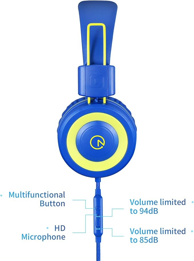 noot products Kids Headphones with Microphone K12 Stereo 5ft Long Cord with 85dB/94dB Volume Limit Wired On-Ear Headset for iPad/Amazon Kindle,Fire/Toddler/Boys/Girls/School(Blue/Lime)