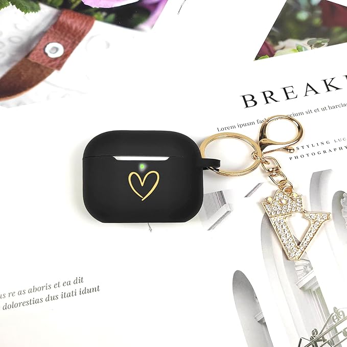 Compatible with AirPods Pro 3 Case Cover (2025), Soft Silicone Case with Gold Heart Pattern for AirPods Pro 3rd Generation Case with Rhinestone Studded Letter A-Z Keychain (V Black)