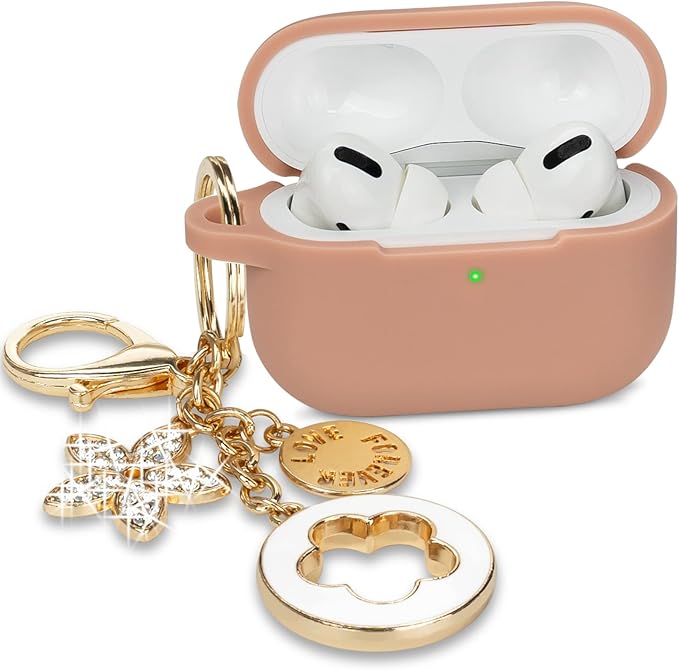 Case for Airpods Pro, Silicone Protective Case Cover with Cute Bling Keychain - Milk Tea