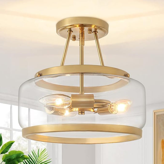 11.81" Brushed Gold Semi Flush Mount Ceiling Light, Modern Glass Drum Light Fixtures, 3-Light Golden Ceiling Lights for Hallway Entryway Bedroom Laundry Room Kitchen Dining Room Lighting, UL-Listed