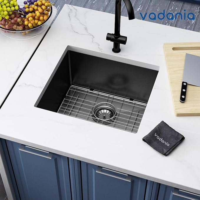 VADANIA 20-inch Kitchen Bar Sink, Black-plated Finish, 20"x18"x10", Single Bowl, Undermount, 18 Gauge T304 Stainless Steel, with Strainer & Bottom Grid, cUPC listed