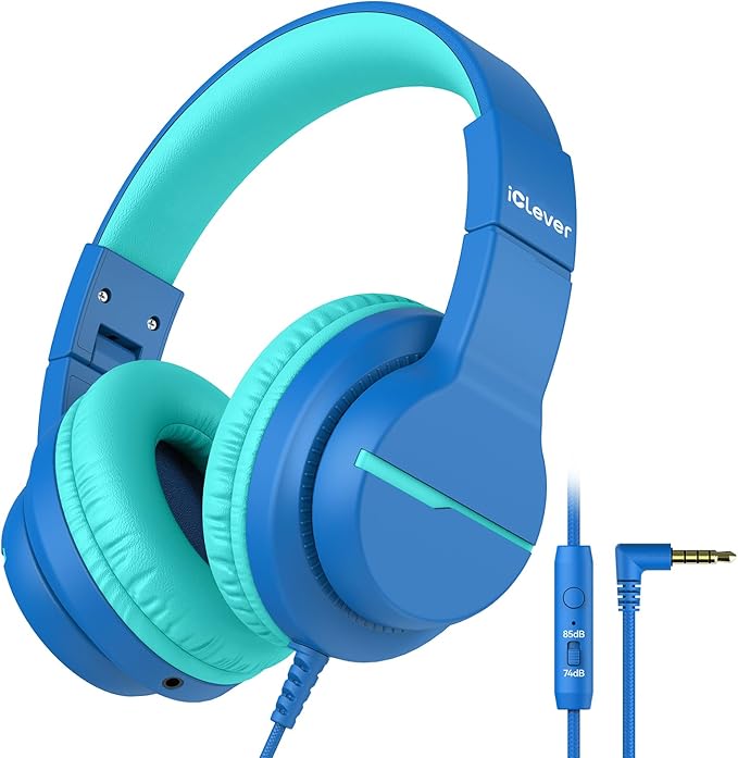 iClever HS19 Kids Headphones with Microphone for School, Volume Limiter 74/85dBA, Over-Ear Girls Boys Headphones for Kids with Shareport, Foldable for iPad/Travel (Navy Blue)