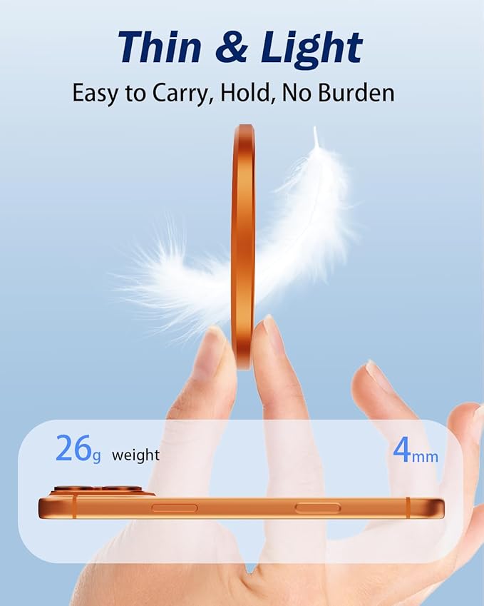 Phone Grip for MagSafe,360°& 180°Rotation Magnetic Phone Ring Holder with Kickstand,Dual-Ring Thin Phone Stand for 17/16/15/14/13/12 Series-Orange