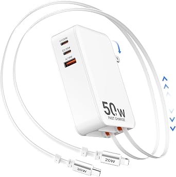 50W Retractable Wall Charger with Dual Cables, Retractable Phone Charger