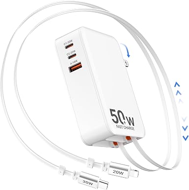 50W Retractable Wall Charger with Dual Cables, Retractable Phone Charger
