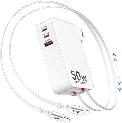 50W Retractable Wall Charger with Dual Cables, Retractable Phone Charger