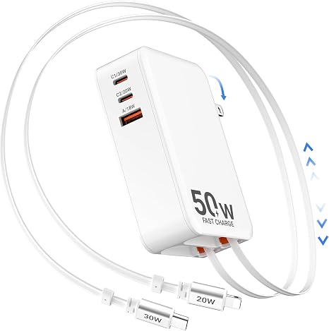 50W Retractable Wall Charger with Dual Cables, Retractable Phone Charger