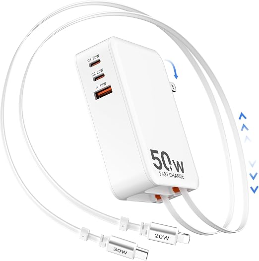 50W Retractable Wall Charger with Dual Cables, Retractable Phone Charger