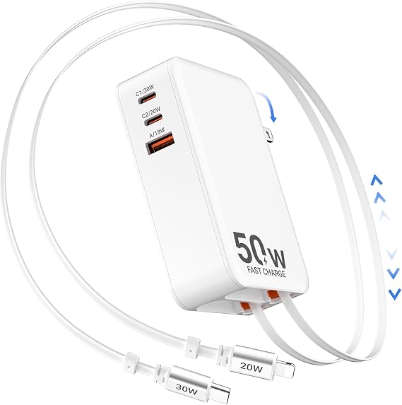 50W Retractable Wall Charger with Dual Cables, Retractable Phone Charger