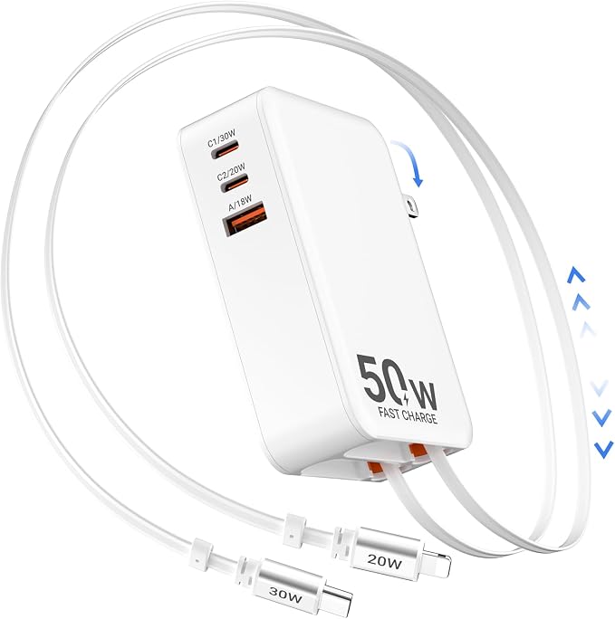 50W Retractable Wall Charger with Dual Cables, Retractable Phone Charger