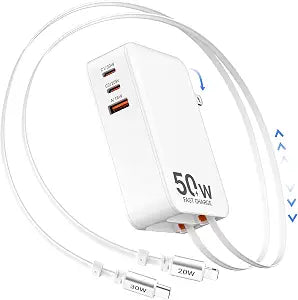 50W Retractable Wall Charger with Dual Cables, Retractable Phone Charger