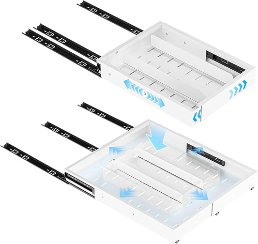 Insputer Pull Out Cabinet Organizer Expandable (12.4"-20.08")W & (16.26"-22.44")D, No Drill Slide Out Drawers with 3 Slide Rails, 2Pcs Magnetic Panel, Adhesive Roll Out Shelf for Kitchen, Pantry White