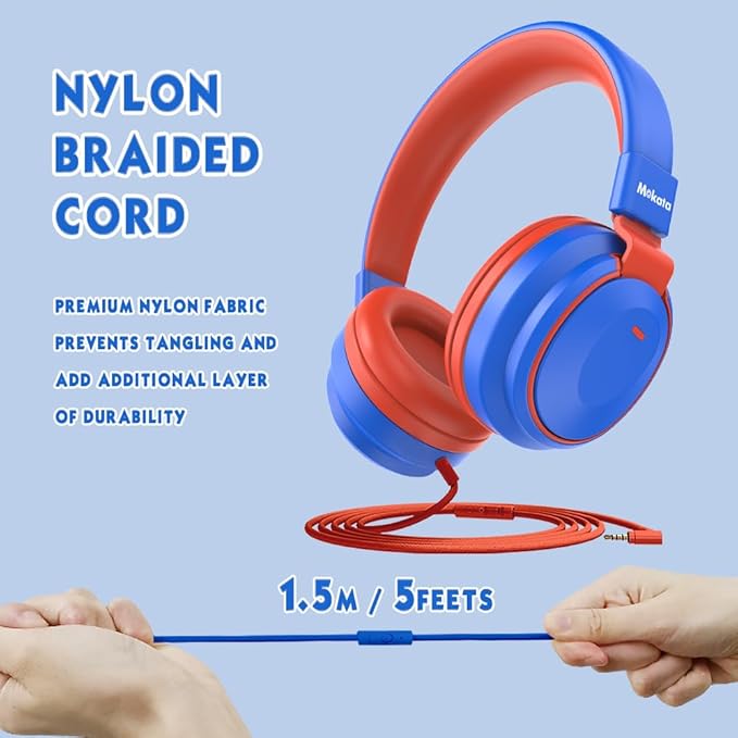 Headphone Kids Volume Limited 85/94dB Wired Over-Ear/On-Earr Foldable Headset with Inline Cable Aux 3.5mm Cord Mic for Toddler Boy Girl Child Back to School Study Pad Tablet Blue