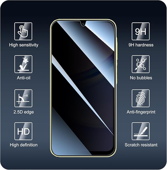 Privacy Screen Protector for Samsung A15/A25/A34/A24, Anti-Spy Tempered Glass, Double Shatterproof 9H Hardness, Dark Privacy Protection, Anti-Scratch Impact Resistant Case-Friendly Screen Guard - 3 Pack