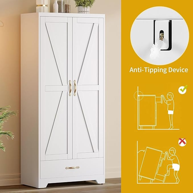 DWVO 62" Pantry Cabinet with Doors and Shelves, Metal Kitchen Storage Cabinet with Magnetic Door & Adjustable Shelves, Farmhouse Tall Cabinet for Dining Room, Kitchen, White