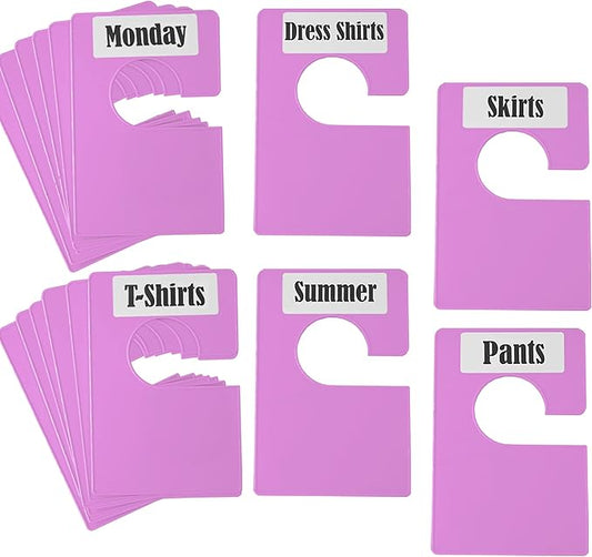 16 Pack White Clothing Rack Size Dividers Plus 45 Labels (1 Inch) and 18 Large Blank Labels, Large Rectangular Clothing Closet Dividers (Purple)
