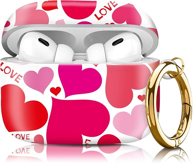 Compatible with Airpod pro 2nd/1st Generation Case Cover with Gold Round Keychain Cute Pattern Hard & Anti Slip Cover for Men Women & Girls（Red Love）