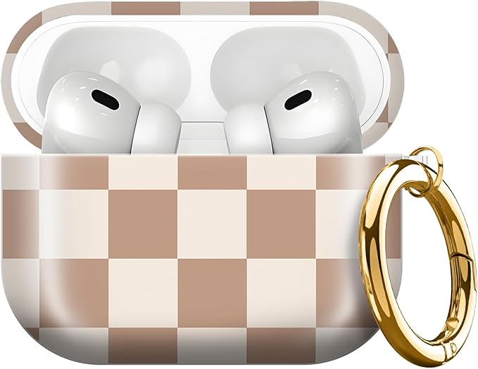 Compatible with AirPods Pro 3rd Generation 2025 Case Cover with Gold Keychain - Cute Protective Hard AirPod Pro 3 Cases for Women - Beige Coffee Checkered