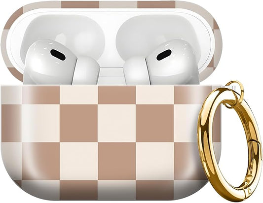 Compatible with AirPods Pro 3rd Generation 2025 Case Cover with Gold Keychain - Cute Protective Hard AirPod Pro 3 Cases for Women - Beige Coffee Checkered