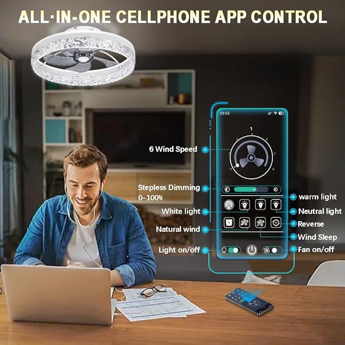 Ceiling Fan,Low Profile Ceiling Fan with Light,Flush Mount Ceiling Fan with Bluetooth Speaker, Smart Ceiling Fan,Bedroom Ceiling Fan-APP/Remote Control