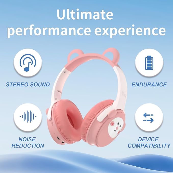 Kids Bluetooth Headphones， 85dB Safe Volume Limit, Stereo，Foldable Cute Up Cat Ear Children，Cartoon Animal Design,Ultra-Soft Over-Ear,Suitable for School & Travel (Pink)