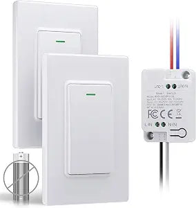 Wireless Remote Light Switch Kit, 2 Switches + 1 Receiver, Battery-Free Wireless Wall Switch, No New in-Wall Wiring, No Wi-Fi, for Stairs, Hallway, Bedroom
