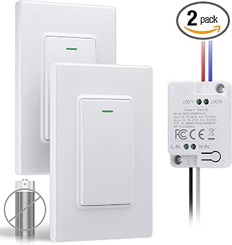 Wireless Remote Light Switch Kit, 2 Switches + 1 Receiver, Battery-Free Wireless Wall Switch, No New in-Wall Wiring, No Wi-Fi, for Stairs, Hallway, Bedroom
