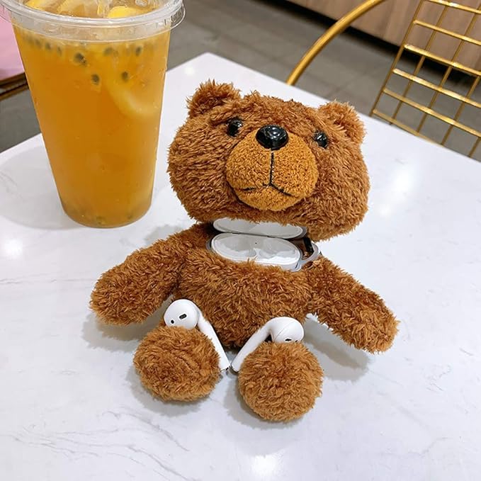 Yatchen Plush Case Compatible with AirPods 1&2, Cute 3D Cartoon Fur Bear Design Funny Cover with Keychain Protective Case for AirPods 1&2 Brown Bear