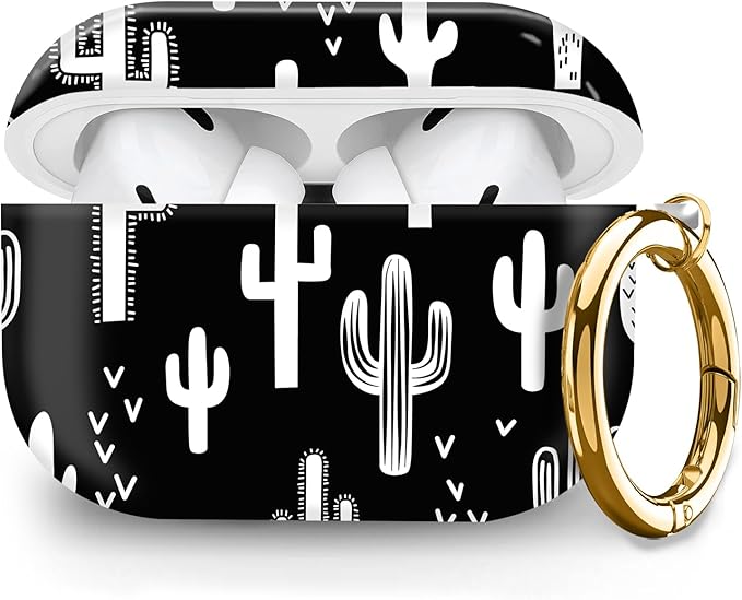 Compatible with Airpod pro 2nd/1st Generation Case Cover with Gold Round Keychain Cute Pattern Hard & Anti Slip Cover for Men Women & Girls (Cute Cactus)