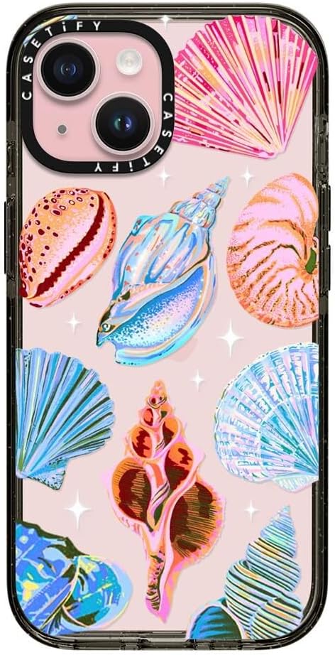 CASETiFY Impact Case for iPhone 15 [Slim / 8.2 ft. 4X Military Grade Drop Protection/Wireless Charging Compatible] - Seashell - Clear Black