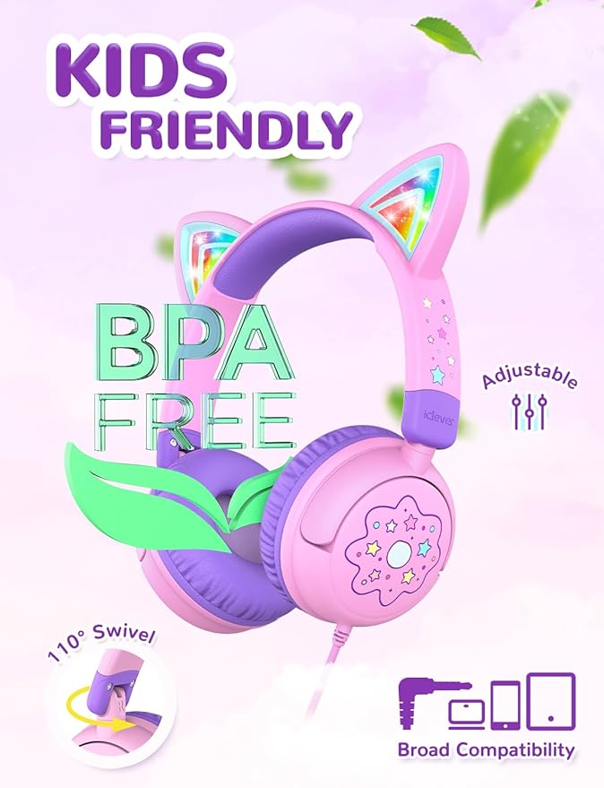 iClever Kids Headphones Cat Ear, LED Light Up, 85dBA Safe Volume, Stereo Sound Toddler Headphones for Travel School, Foldable 3.5mm Wired Kids Headphone for iPad Tablets, Meow Lollipop -Pink