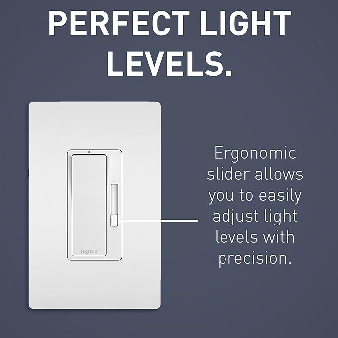 Legrand - Pass & Seymour Radiant Dimmer Light Switch, Single Pole Dimmer Switch with LED Locator, Interchangeable Faceplate White, Ivory, Light Almond, RH703PTUTCCCV4, 1 Count