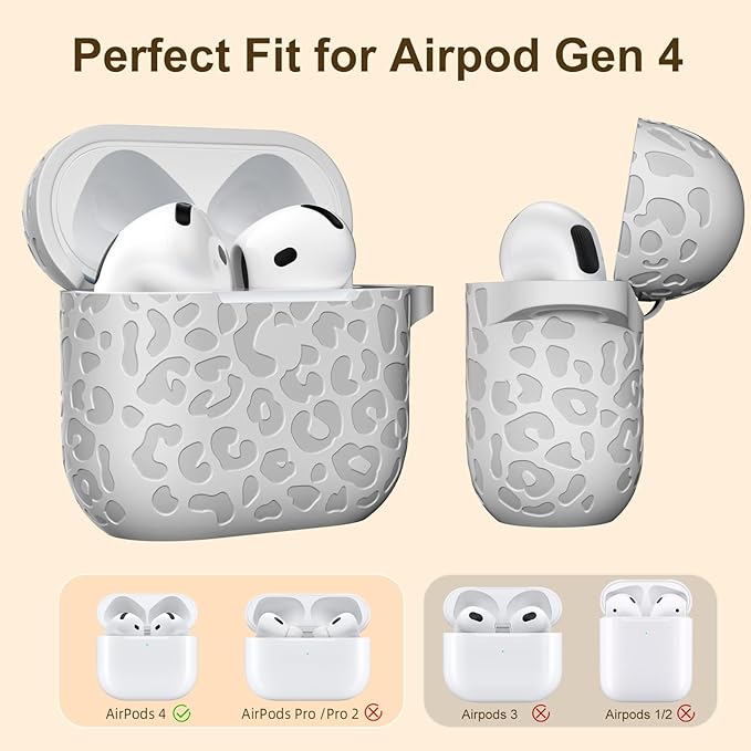 Leopard Engraved for AirPods 4 Case Cover 2024,Soft Silicone Protective Case Compatible with Apple AirPods 4th Generation Case for Women,Cute AirPod 4 Case Accessories with Keychain (Starlight)