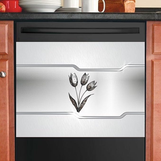 Silver Stainless Steel Effect Dishwasher Magnetic Cover Personalized Metal Flowers Universal Panel Decal for Refrigerator Magnet 23 x 17 Inch Home Kitchen Fridge Magnets