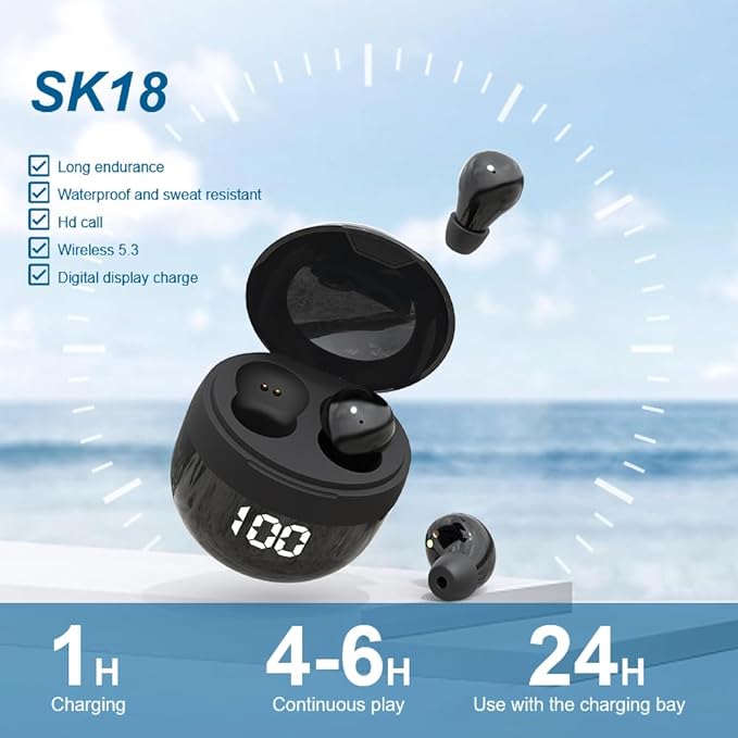 SK18 Ultra Small in-Ear Headset Wireless Invisible Smallest Bluetooth Earbuds for Sleep Comfortable with Mic and Fitable for All Type Ears Stereo Sound Earphones IPX5 Waterproof（Khaki）