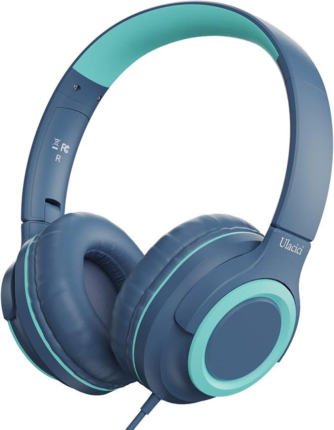 Kids Headphones,Kid Headphone for School with Volume Limit of 94 db,Wired Children Headphone for Travel/Tablet Adjustable Headband Foldable(Blue)