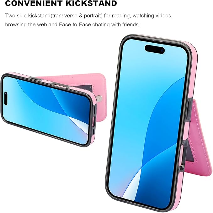 KIHUWEY Compatible with iPhone 16 Case Wallet with Credit Card Holder, Flip Premium Leather Magnetic Clasp Kickstand Heavy Duty Protective Cover for iPhone 16 6.1 Inch (Pink)