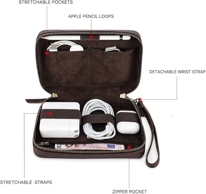 CONTACTS Electronic Organizer Travel Tech Case Leather Electronics Accessories Storage Box Vintage Portable Holder for Phone Charger Cables