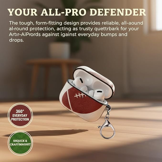 for Leather AirPods Pro 3 Case 2025 (A2700/A2931) - Sport Ball Shape, with Lock, Skin Accessory - Charging Case Cover for Men Women, Rugby