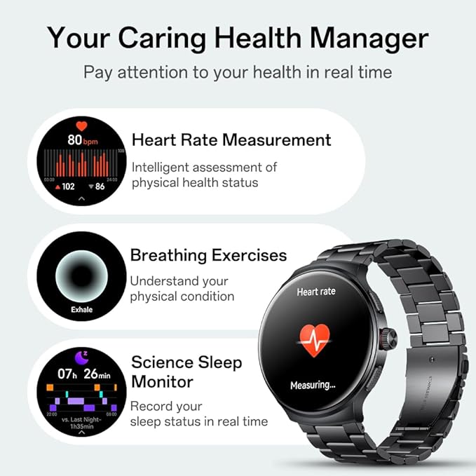 AOLON Smart Watch for Men (Answer/Make Calls), 1.43'' AMOLED Screen, 100+ Sports Modes Fitness Tracker, IP68 Waterproof, Heart Rate/SpO2/Health Monitor for Android/iOS, Stainless Steel Band, Black