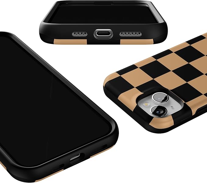 Casely iPhone 15 Plus Case | Fit Check | Black & Brown Checkerboard | Bold Protective Design | MagSafe Compatible Design