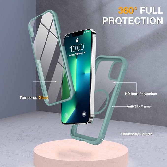 Miracase for iPhone 13 Pro Case 6.1",with MagSafe,Built in Screen Protector,Full-Body Protection(Teal)
