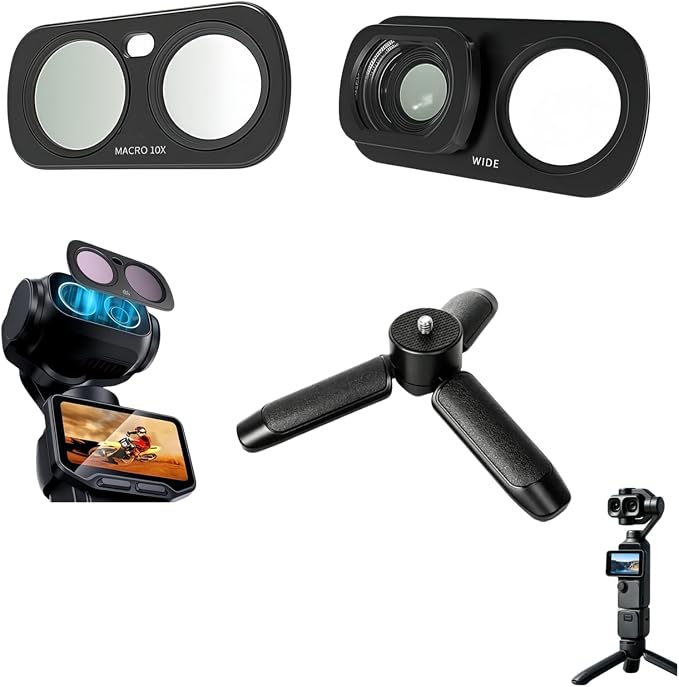 Accessory Kit Compatible with DJI Osmo Pocket 4P, Magnetic Wide Macro Lens Filter & One-Touch Open Mini Tripod, Portable Camera Accessories for Vlog Video Shooting