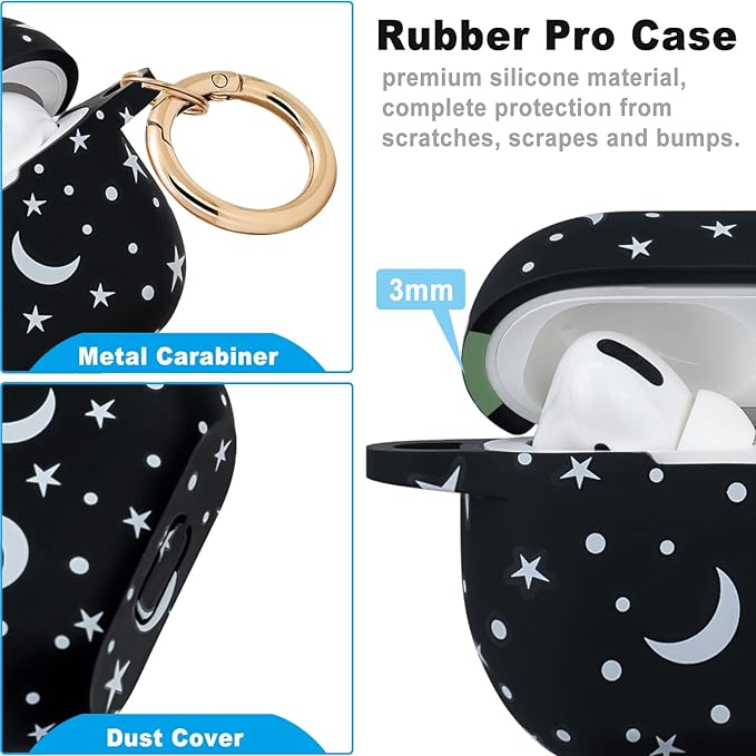 Moon Star Silicone Compatible with AirPods Pro Case 2019, Gawnock Soft Case Cover Flexible for Print Cover for Women Girls with Keychain - Moon/Star
