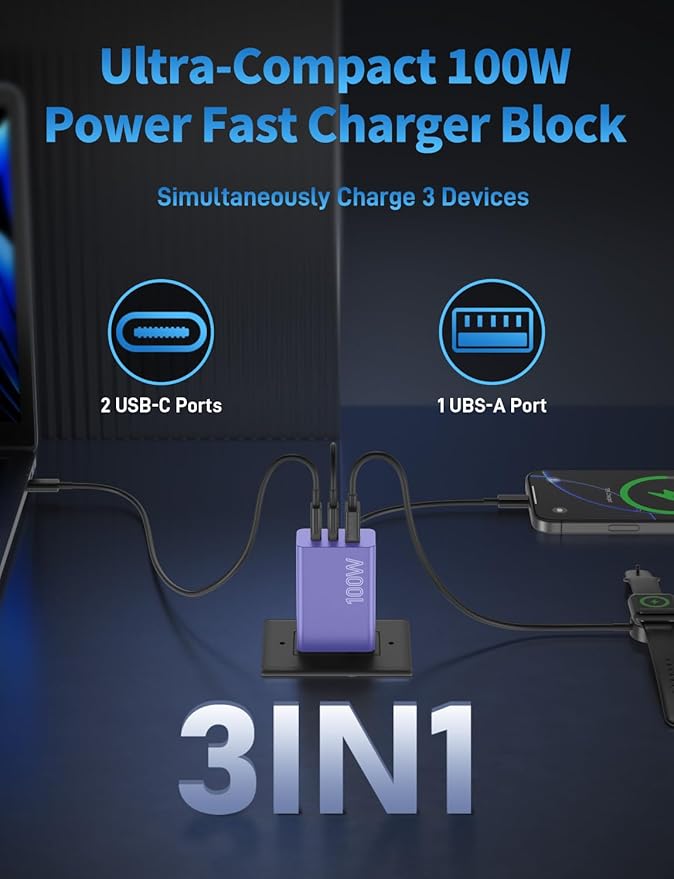 2Pack 100W USB C Charger Block, 3Port Fast Charging Adapter, Type C Fast Charging Blocks Cube PD USBC Wall Plug+QC3.0 USB A Charger Brick for MacBook Pro/Air,iPad,iPhone 17/16,Samsung S25 &More-Purple